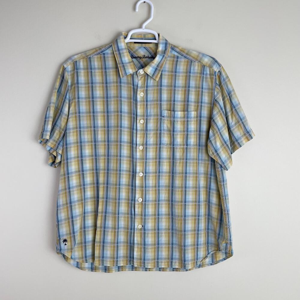 Tommy Bahama Button Front Yellow Plaid Hawaiian Style Short Sleeve Shirt Mens XL